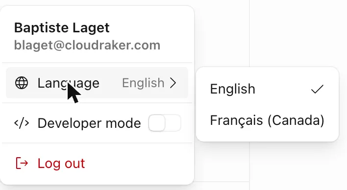 Profile menu with the Language submenu open, showing English selected and Français (Canada)