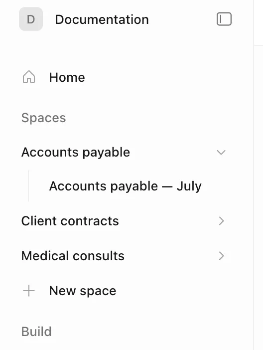 The sidebar Spaces group with the Accounts payable space type expanded to show a space, and the New space link below
