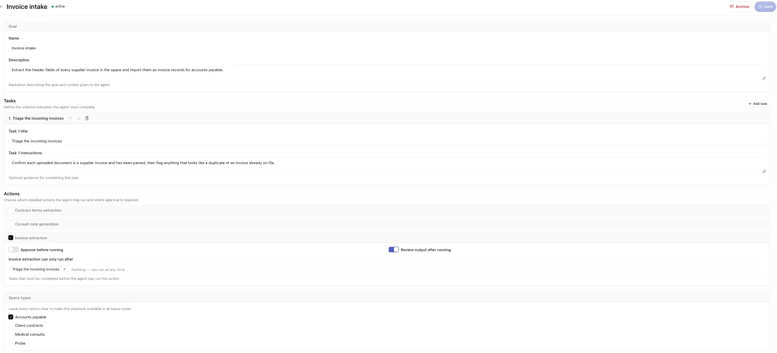 The playbook editor for 'Invoice intake' showing the Goal, Tasks, Actions with approval toggles, and Space types sections
