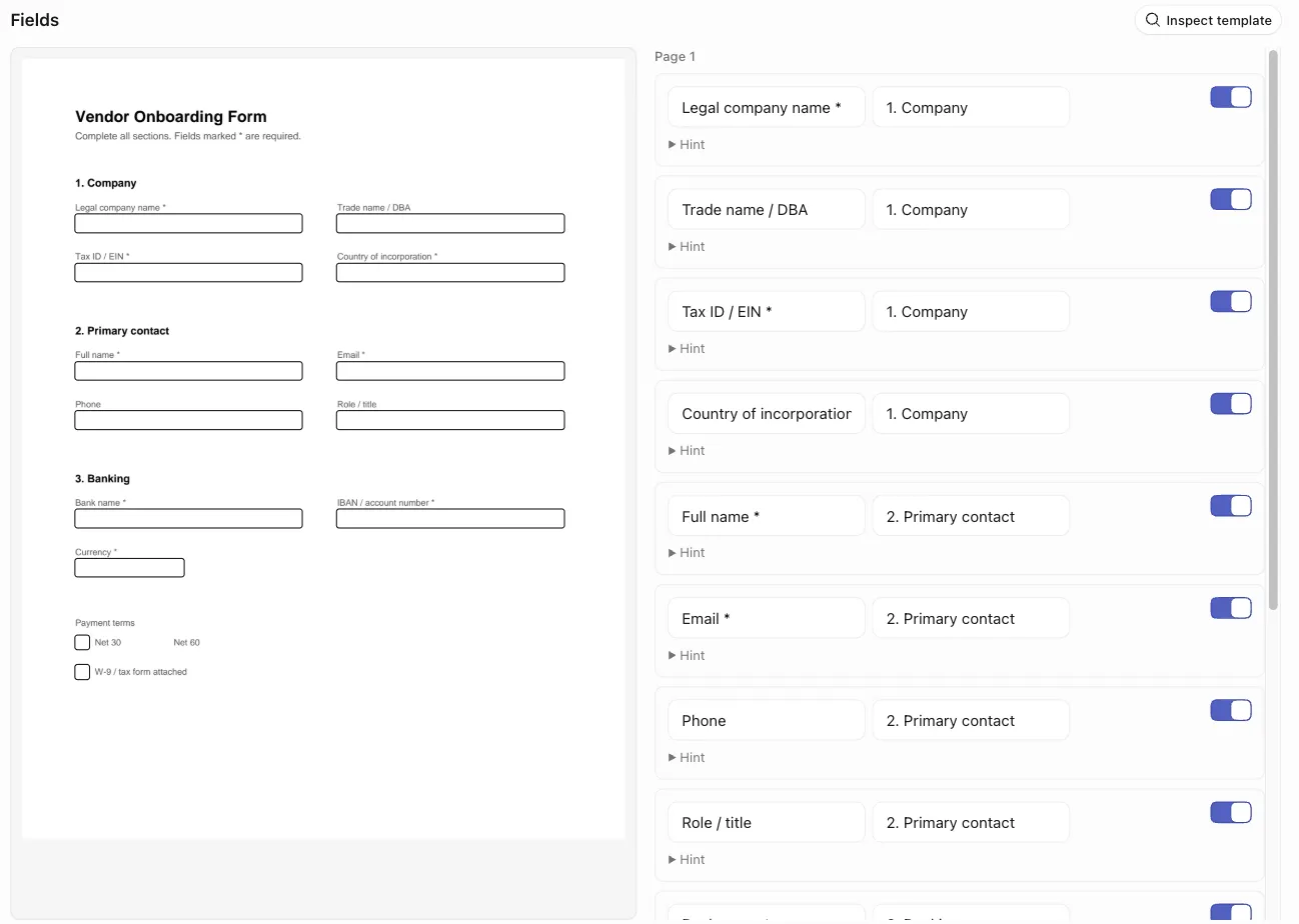 The Fill form field-curation editor after inspecting a vendor onboarding template: the form preview on the left, detected fields on the right with a label, a section, an include toggle, and a collapsible Hint