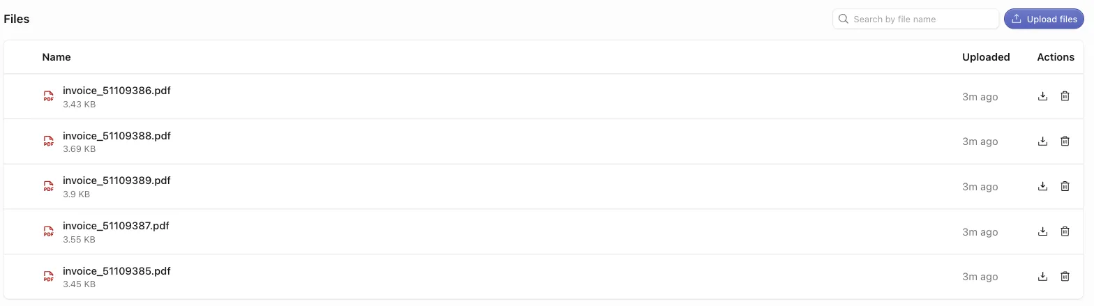 The space Files tab listing uploaded and processed invoice PDFs with their sizes and upload times