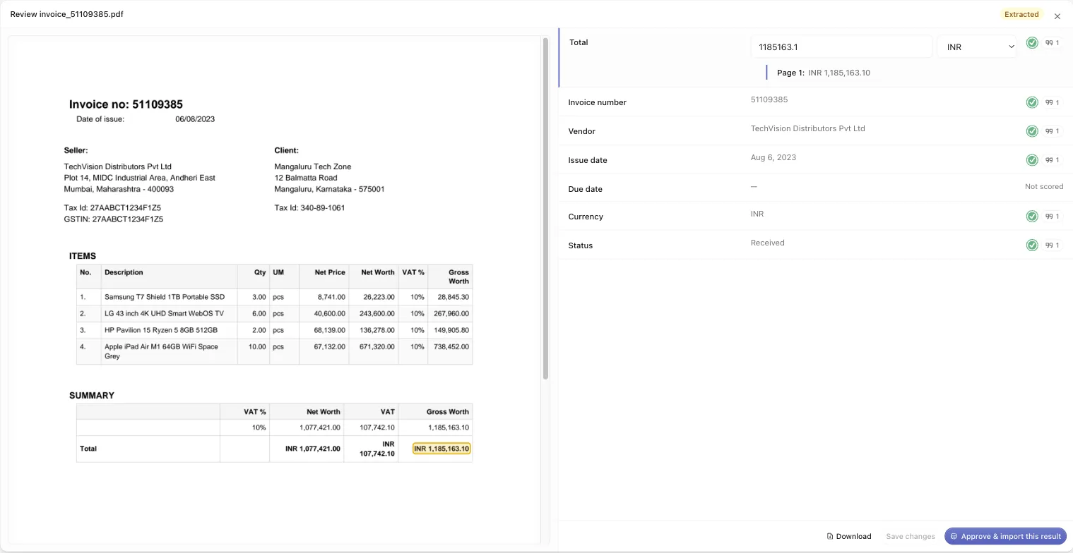 The extraction review workspace with the source invoice PDF and a highlighted total on the left, and the extracted fields with their page citations on the right