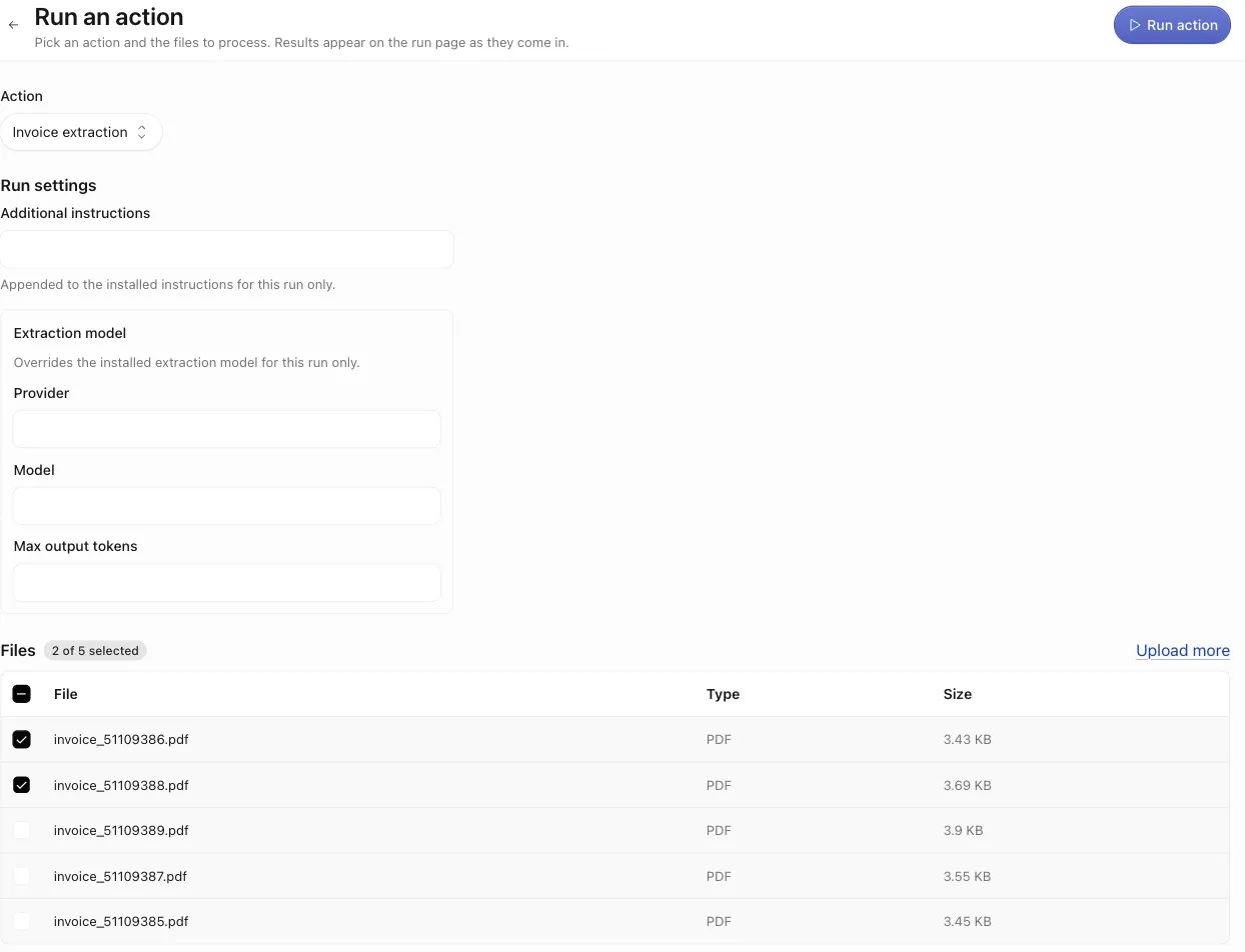 The Run an action launcher with the 'Invoice extraction' action chosen, its Run settings form, and 2 of 5 files selected