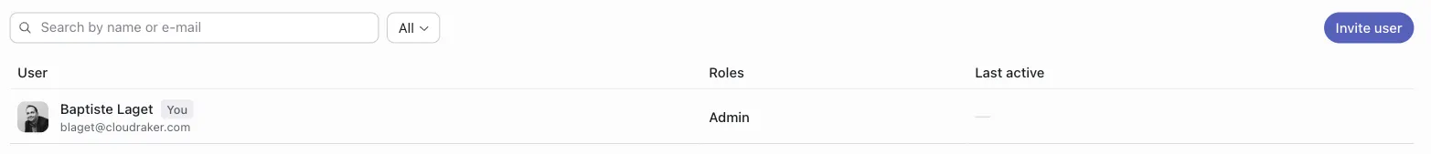 Admin Users page: search field, role filter, Invite user button, and a table of members with User, Roles, and Last active columns