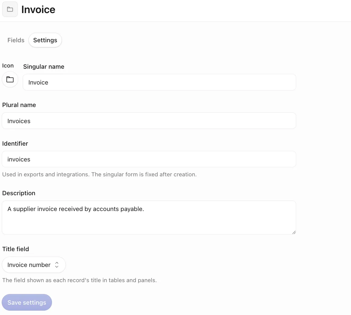 The Settings tab of a record type showing Icon, Singular and Plural name, Identifier, Description, and Title field