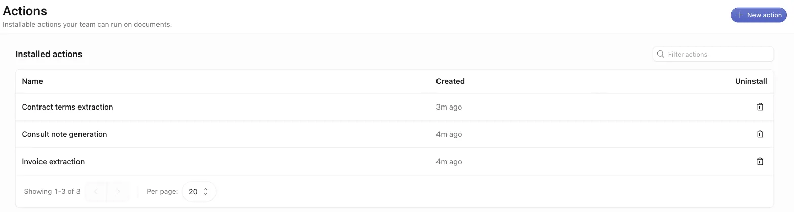 The Installed actions table listing three installed actions with Created dates, Uninstall buttons, and the New action button