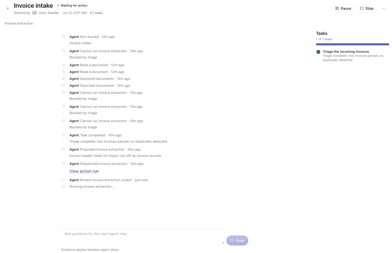 A playbook run detail page for 'Invoice intake' with the header status badge, the timeline of agent events, the Tasks rail on the right, and the steering composer at the bottom