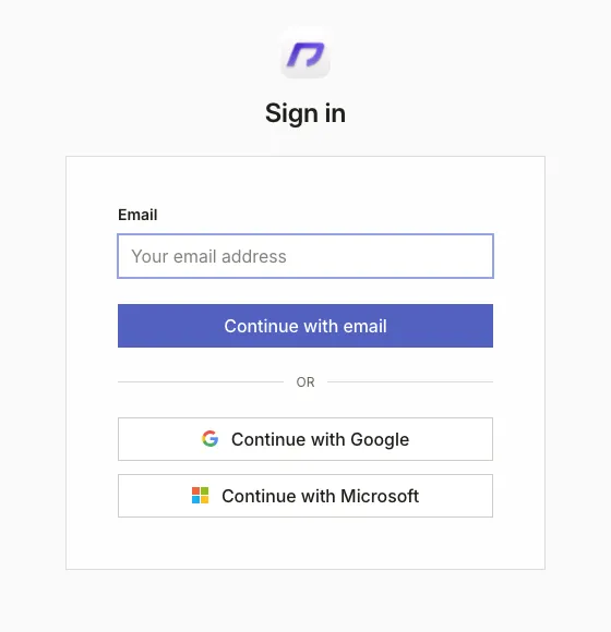 The hosted sign-in screen with email, Google, and Microsoft options