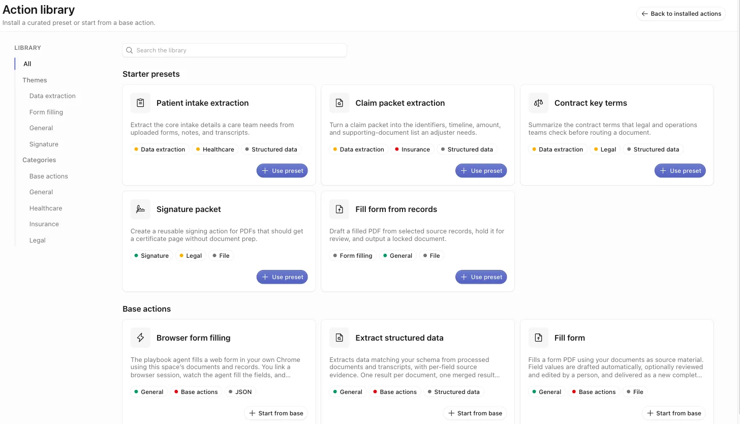 The Action library catalog with the Themes and Categories nav, Starter presets cards with Use preset buttons, and Base actions cards with Start from base buttons