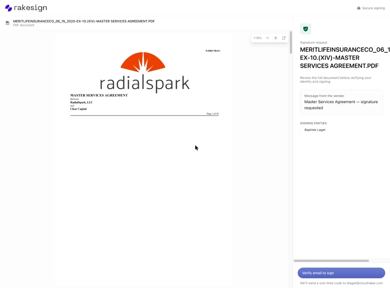 The recipient-facing signing page: the document preview on the left, and on the right the signature request with the sender's message, the signing parties, and a 'Verify email to sign' button