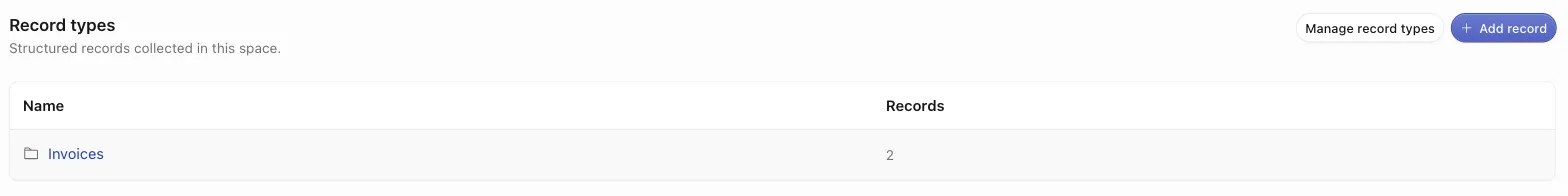 The space Data tab listing the Invoices record type with a record count, alongside the Manage record types and Add record buttons